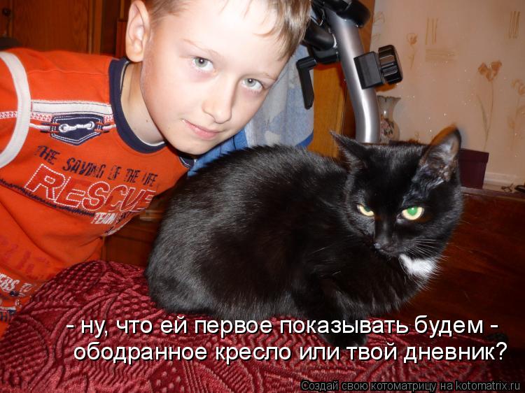 - ну, что ей первое показывать будем - ободранное кресло или твой дневник?... Котоматрица: - ну, что ей первое показывать будем - ободранное кресло или твой дневник?