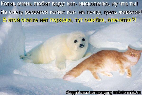 Котик очень любит воду; кот- нисколечко, ну что ты! На снегу резвится котик; кот- на печку, греть жив... Котоматрица: Котик очень любит воду; кот- нисколечко, ну что ты! На снегу резвится котик; кот- на печку, греть животик! В этой сказке нет порядка, тут ошибка