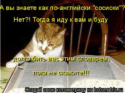 А вы знаете как по-английски "сосиски"? Нет?! Тогда я иду к вам и буду долго бить вас этим словарем, ... Котоматрица: А вы знаете как по-английски "сосиски"? Нет?! Тогда я иду к вам и буду долго бить вас этим словарем, пока не скажите!!!