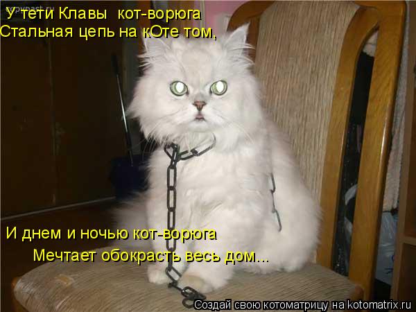 У тети Клавы кот-ворюга Стальная цепь на кОте том, И днем и ночью кот-ворюга Мечтает обокрасть весь ... Котоматрица: У тети Клавы кот-ворюга Стальная цепь на кОте том, И днем и ночью кот-ворюга Мечтает обокрасть весь дом...