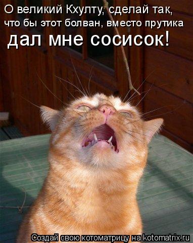 О великий Кхулту, сделай так, что бы этот болван, вместо прутика дал мне сосисок!... Котоматрица: О великий Кхулту, сделай так, что бы этот болван, вместо прутика дал мне сосисок!