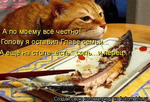 А по моему всё честно! Голову я оставил Главе семьи... А ещё на столе есть ..соль...и перец..... Котоматрица: А по моему всё честно! Голову я оставил Главе семьи... А ещё на столе есть ..соль...и перец..