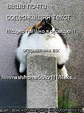 Котоматрица: ваша почта содержащяя текст: !!!сцуко ты!!! но я отомщю!!! отправлена по: himmash/home56/kv111/Reks...