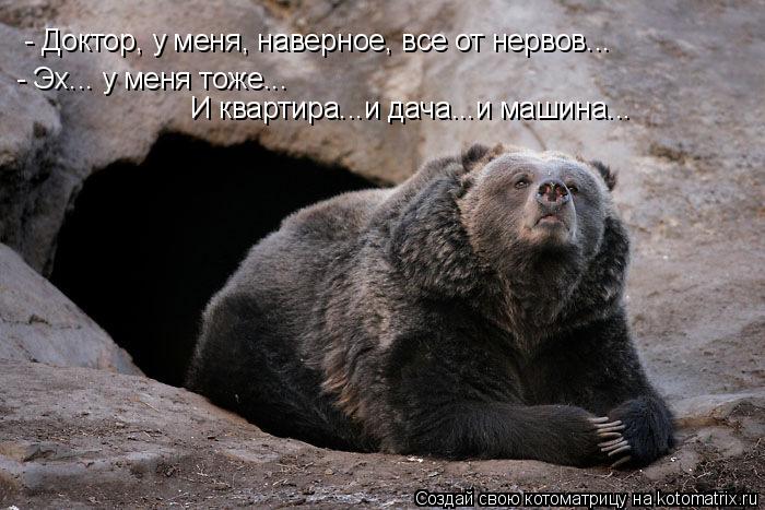 - Доктор, у меня, наверное, все от нервов... - Эх... у меня тоже... И квартира...и дача...и машина..... Котоматрица: - Доктор, у меня, наверное, все от нервов... - Эх... у меня тоже... И квартира...и дача...и машина...