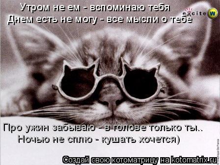Утром не ем - вспоминаю тебя Днем есть не могу - все мысли о тебе Про ужин забываю - в голове только ... Котоматрица: Утром не ем - вспоминаю тебя Днем есть не могу - все мысли о тебе Про ужин забываю - в голове только ты.. Ночью не сплю - кушать хочется)