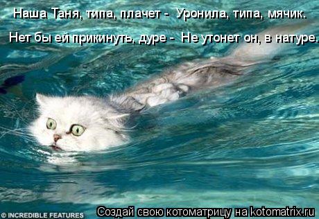 Наша Таня, типа, плачет - Уронила, типа, мячик. Нет бы ей прикинуть, дуре - Не утонет он, в натуре.... Котоматрица: Наша Таня, типа, плачет - Уронила, типа, мячик. Нет бы ей прикинуть, дуре - Не утонет он, в натуре.