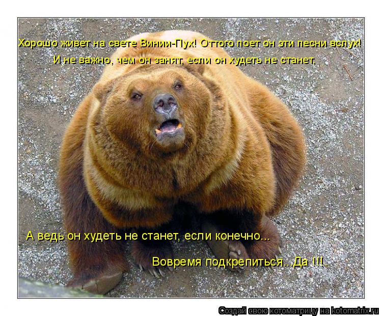 Хорошо живет на свете Винии-Пух! Оттого поет он эти песни вслух! И не важно, чем он занят, если он ху... Котоматрица: Хорошо живет на свете Винии-Пух! Оттого поет он эти песни вслух! И не важно, чем он занят, если он худеть не станет, А ведь он худеть не станет,