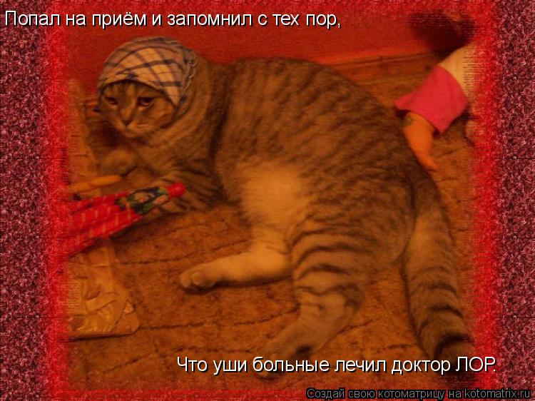 Попал на приём Попал на приём и запомнил с тех пор, Что уши больные лечил доктор ЛОР.... Котоматрица: Попал на приём Попал на приём и запомнил с тех пор, Что уши больные лечил доктор ЛОР.