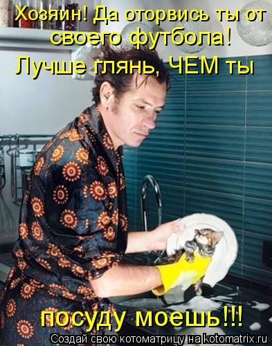Хозяин! Да оторвись ты от своего футбола! Лучше глянь, ЧЕМ ты посуду моешь!!!... Котоматрица: Хозяин! Да оторвись ты от своего футбола! Лучше глянь, ЧЕМ ты посуду моешь!!!
