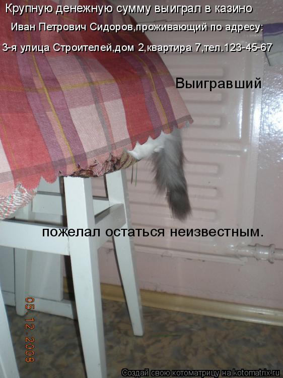 Крупную денежную сумму выиграл в казино Иван Петрович Сидоров,проживающий по адресу: 3-я улица Строит... Котоматрица: Крупную денежную сумму выиграл в казино Иван Петрович Сидоров,проживающий по адресу: 3-я улица Строителей,дом 2,квартира 7,тел.123-45-67 Выигравш