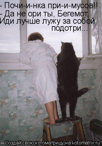 - Почи-и-нка при-и-мусов!! - Да не ори ты, Бегемот, Иди лучше лужу за собой подотри...... Котоматрица: - Почи-и-нка при-и-мусов!! - Да не ори ты, Бегемот, Иди лучше лужу за собой подотри...