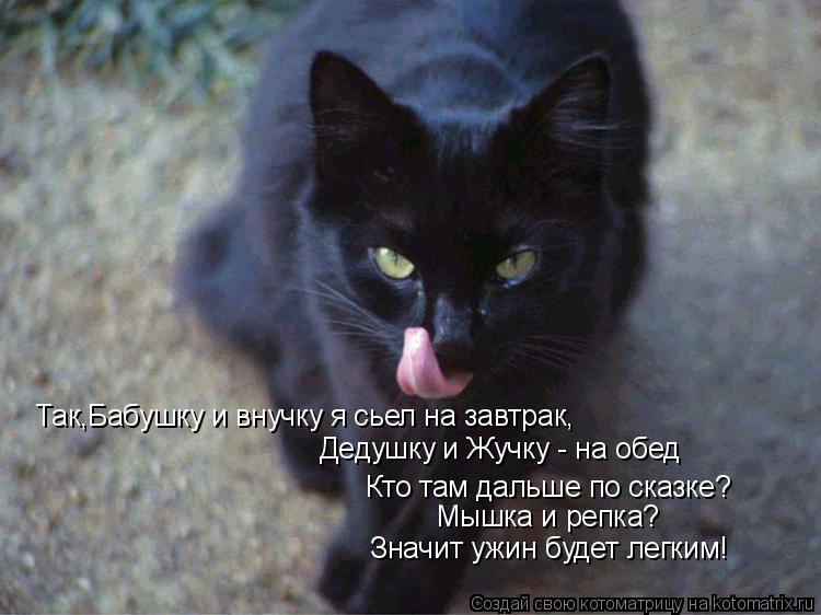 Так,Бабушку и внучку я сьел на завтрак, Дедушку и Жучку - на обед Кто там дальше по сказке? Мышка и ... Котоматрица: Так,Бабушку и внучку я сьел на завтрак, Дедушку и Жучку - на обед Кто там дальше по сказке? Мышка и репка? Значит ужин будет легким!