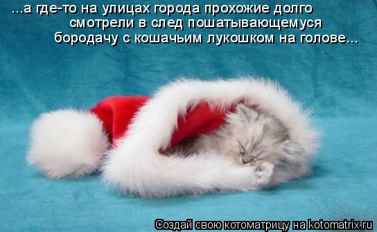 ...а где-то на улицах города прохожие долго смотрели в след пошатывающемуся бородачу с кошачьим лукош... Котоматрица: ...а где-то на улицах города прохожие долго смотрели в след пошатывающемуся бородачу с кошачьим лукошком на голове...
