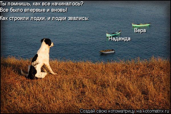 Ты помнишь, как все начиналось? Все было впервые и вновь! Как строили лодки, и лодки звались: Вера На... Котоматрица: Ты помнишь, как все начиналось? Все было впервые и вновь! Как строили лодки, и лодки звались: Вера Надежда
