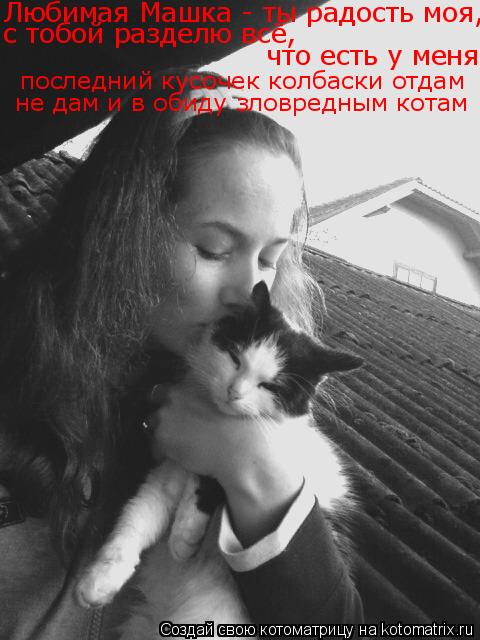 Любимая Машка - ты радость моя, что есть у меня последний кусочек колбаски отдам не дам и в обиду зло... Котоматрица: Любимая Машка - ты радость моя, что есть у меня последний кусочек колбаски отдам не дам и в обиду зловредным котам с тобой разделю всё,