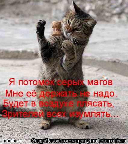 Я потомок серых магов Мне её держать не надо. Будет в воздухе плясать, Зрителей всех изумлять...... Котоматрица: Я потомок серых магов Мне её держать не надо. Будет в воздухе плясать, Зрителей всех изумлять...