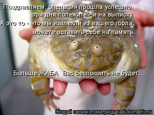 Поздравляем, операция прошла успешно, три дня полежите - и на выписку. А это то - что мы извлекли и... Котоматрица: Поздравляем, операция прошла успешно, три дня полежите - и на выписку. А это то - что мы извлекли из вашего горла, можете оставить себе на па