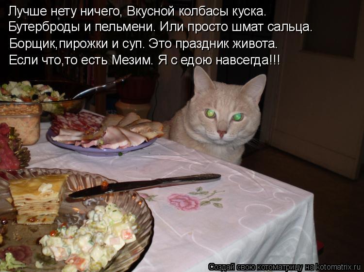 Лучше нету ничего, Вкусной колбасы куска. Бутерброды и пельмени. Или просто шмат сальца. Борщик,пир... Котоматрица: Лучше нету ничего, Вкусной колбасы куска. Бутерброды и пельмени. Или просто шмат сальца. Борщик,пирожки и суп. Это праздник живота. Если чт