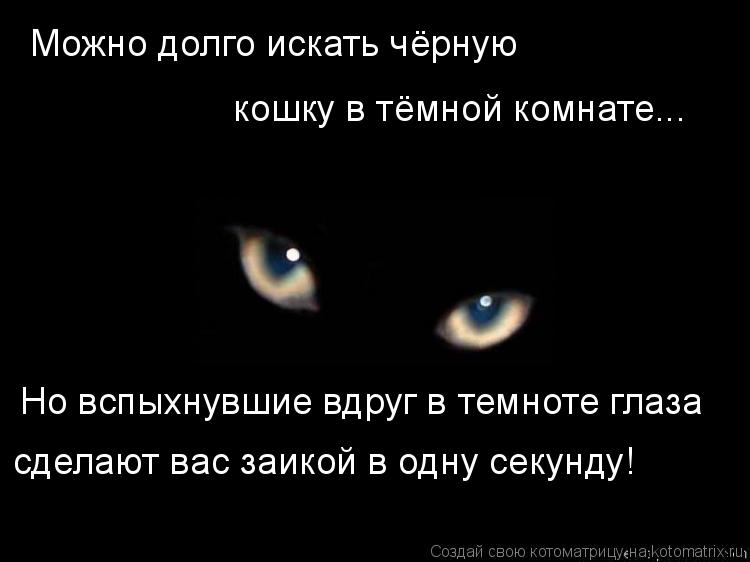 Можно долго искать чёрную кошку в тёмной комнате... Но вспыхнувшие вдруг в темноте глаза сделают вас... Котоматрица: Можно долго искать чёрную кошку в тёмной комнате... Но вспыхнувшие вдруг в темноте глаза сделают вас заикой в одну секунду!