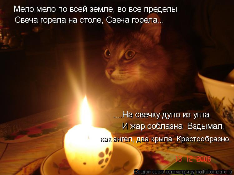 Котоматрица: Мело,мело по всей земле, во все пределы Свеча горела на столе, Свеча горела... ....На свечку дуло из угла,   И жар соблазна  Вздымал,  как ангел, дв