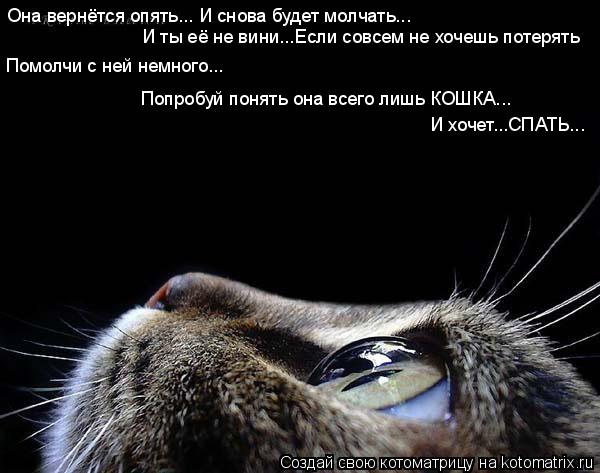 Котоматрица: Она вернётся опять... И снова будет молчать... И ты её не вини...Если совсем не хочешь потерять И хочет...СПАТЬ... Попробуй понять она всего лишь 