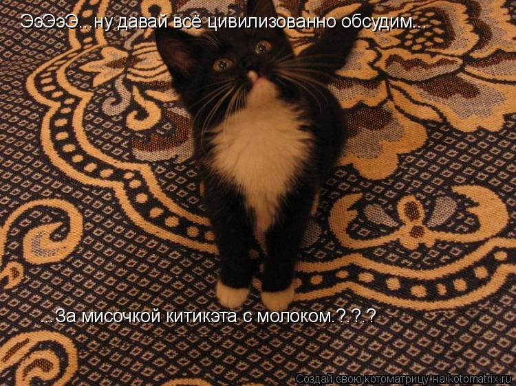 ЭэЭэЭ...ну давай всё цивилизованно обсудим... ...За мисочкой китикэта с молоком.?.?.?... Котоматрица: ЭэЭэЭ...ну давай всё цивилизованно обсудим... ...За мисочкой китикэта с молоком.?.?.?