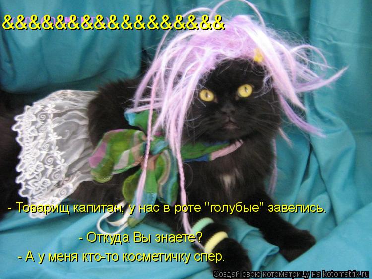 - Товарищ капитан, у нас в роте "голубые" завелись. - Откуда Вы знаете? - А у меня кто-то косметичку ... Котоматрица: - Товарищ капитан, у нас в роте "голубые" завелись. - Откуда Вы знаете? - А у меня кто-то косметичку спер. &&&&&&&&&&&&&&&&&