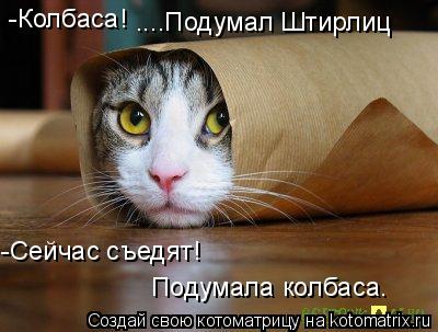-Колбаса! Подумала колбаса. ....Подумал Штирлиц -Сейчас съедят!... Котоматрица: -Колбаса! Подумала колбаса. ....Подумал Штирлиц -Сейчас съедят!