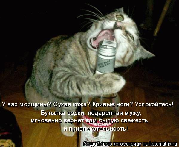 У вас морщины? Сухая кожа? Кривые ноги? Успокойтесь! Бутылка водки, подаренная мужу, мгновенно верне... Котоматрица: У вас морщины? Сухая кожа? Кривые ноги? Успокойтесь! Бутылка водки, подаренная мужу, мгновенно вернет вам былую свежесть и привлекательнос