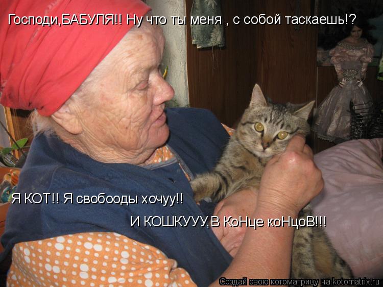 Господи,БАБУЛЯ!! Ну что ты меня , с собой таскаешь!? Я КОТ!! Я свобооды хочуу!! И КОШКУУУ,В КоНце коН... Котоматрица: Господи,БАБУЛЯ!! Ну что ты меня , с собой таскаешь!? Я КОТ!! Я свобооды хочуу!! И КОШКУУУ,В КоНце коНцоВ!!!