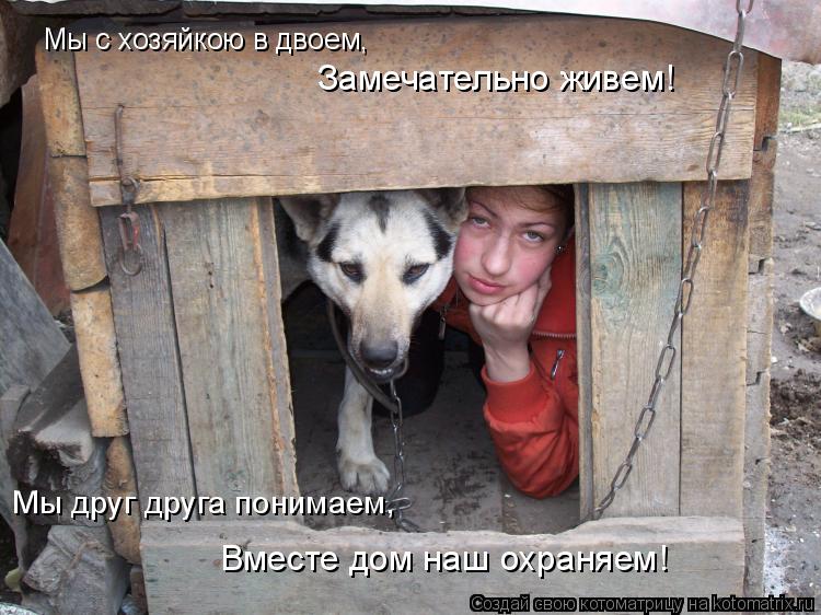 Котоматрица: Мы с хозяйкою в двоем, Замечательно живем! Мы друг друга понимаем, Вместе дом наш охраняем!