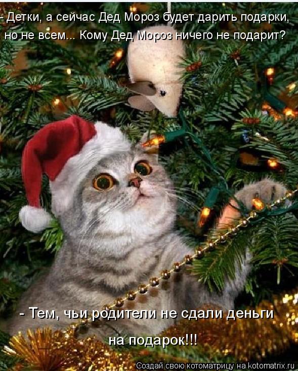 - Детки, а сейчас Дед Мороз будет дарить подарки, но не всем... Кому Дед Мороз ничего не подарит? -... Котоматрица: - Детки, а сейчас Дед Мороз будет дарить подарки, но не всем... Кому Дед Мороз ничего не подарит? - Тем, чьи родители не сдали деньги на подарок
