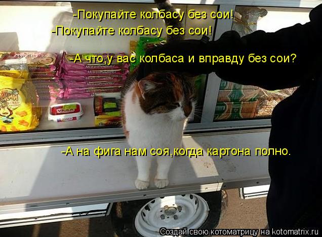 Котоматрица: -Покупайте колбасу без сои! -Покупайте колбасу без сои! -А что,у вас колбаса и вправду без сои? -А на фига нам соя,когда картона полно.