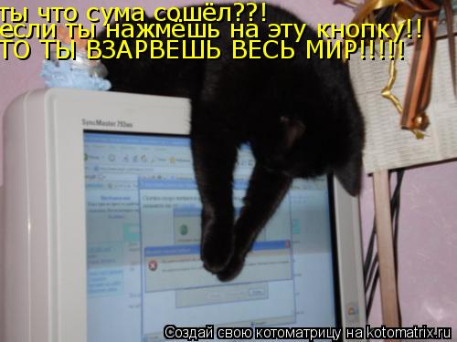 ты что сума сошёл??! если ты нажмёшь на эту кнопку!! ТО ТЫ ВЗАРВЕШЬ ВЕСЬ МИР!!!!!... Котоматрица: ты что сума сошёл??! если ты нажмёшь на эту кнопку!! ТО ТЫ ВЗАРВЕШЬ ВЕСЬ МИР!!!!!
