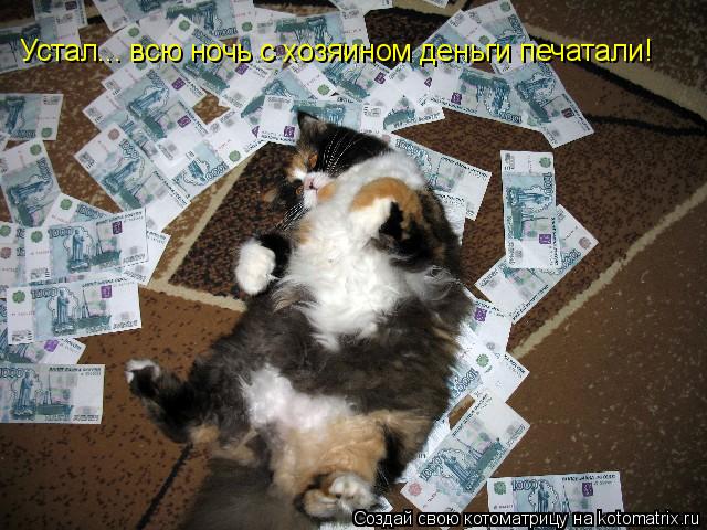 Устал... всю ночь с хозяином деньги печатали!... Котоматрица: Устал... всю ночь с хозяином деньги печатали!