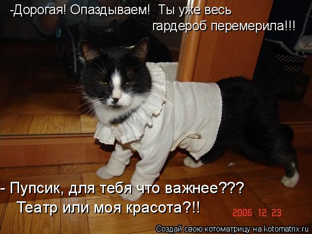гардероб перемерила!!! Театр или моя красота?!! -Дорогая! Опаздываем! Ты уже весь - Пупсик, для тебя... Котоматрица: гардероб перемерила!!! Театр или моя красота?!! -Дорогая! Опаздываем! Ты уже весь - Пупсик, для тебя что важнее???