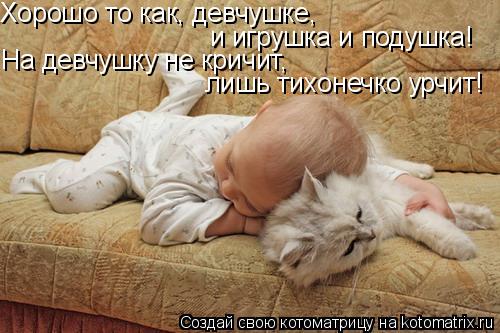 Хорошо то как, девчушке, и игрушка и подушка! На девчушку не кричит, лишь тихонечко урчит!... Котоматрица: Хорошо то как, девчушке, и игрушка и подушка! На девчушку не кричит, лишь тихонечко урчит!