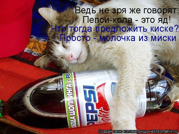 Котоматрица: Ведь не зря же говорят: Пепси-кола - это яд! Просто - молочка из миски Что тогда предложить киске?