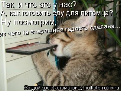 Так, и что это у нас? А, как готовить еду для питомца? Ну, посмотрим, из чего та вчерашняя гадость с... Котоматрица: Так, и что это у нас? А, как готовить еду для питомца? Ну, посмотрим, из чего та вчерашняя гадость сделана...