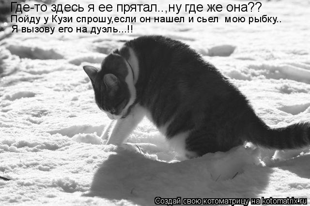 Котоматрица: Где-то здесь я ее прятал..,ну где же она?? Пойду у Кузи спрошу,если он нашел и сьел  мою рыбку.. Я вызову его на дуэль...!!