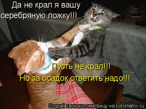 Да не крал я вашу серебряную ложку!!! Пусть не крал!!! Но за осадок ответить надо!!!... Котоматрица: Да не крал я вашу серебряную ложку!!! Пусть не крал!!! Но за осадок ответить надо!!!