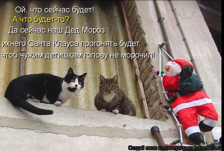 Ой, что сейчас будет!.. А что будет-то? Да сейчас наш Дед Мороз ихнего Санта Клауса прогонять будет, ... Котоматрица: Ой, что сейчас будет!.. А что будет-то? Да сейчас наш Дед Мороз ихнего Санта Клауса прогонять будет, чтоб чужим детишкам голову не морочил!