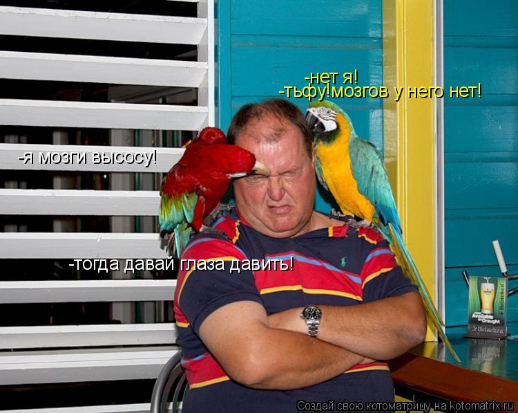 -я мозги высосу! -нет я! -тьфу!мозгов у него нет! -тогда давай глаза давить!... Котоматрица: -я мозги высосу! -нет я! -тьфу!мозгов у него нет! -тогда давай глаза давить!