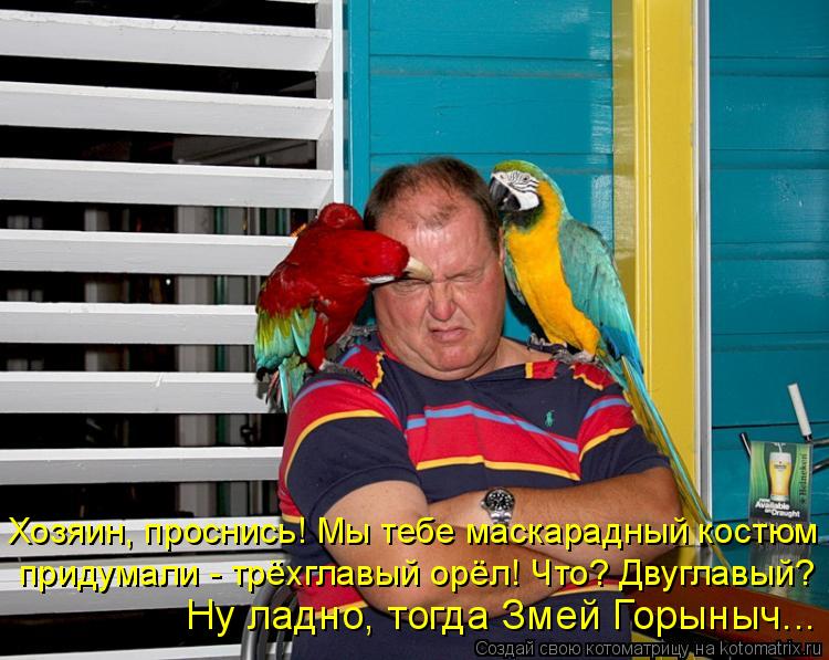 Котоматрица: Ну ладно, тогда Змей Горыныч... Хозяин, проснись! Мы тебе маскарадный костюм придумали - трёхглавый орёл! Что? Двуглавый?