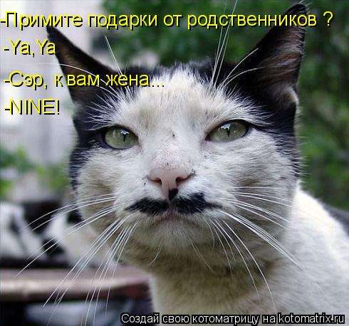 -Примите подарки от родственников ? -Ya,Ya -Сэр, к вам жена... -NINE!... Котоматрица: -Примите подарки от родственников ? -Ya,Ya -Сэр, к вам жена... -NINE!