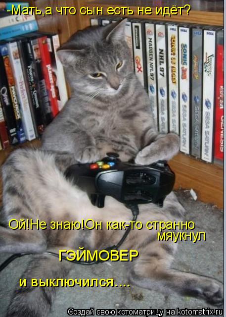 -Мать,а что сын есть не идёт? Ой!Не знаю!Он как-то странно мяукнул ГЭЙМОВЕР и выключился....... Котоматрица: -Мать,а что сын есть не идёт? Ой!Не знаю!Он как-то странно мяукнул ГЭЙМОВЕР и выключился....
