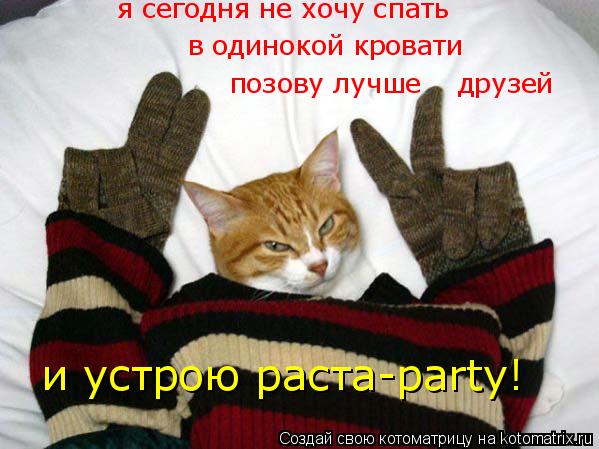 Котоматрица: я сегодня не хочу спать в одинокой кровати позову лучше    друзей и устрою раста-party!