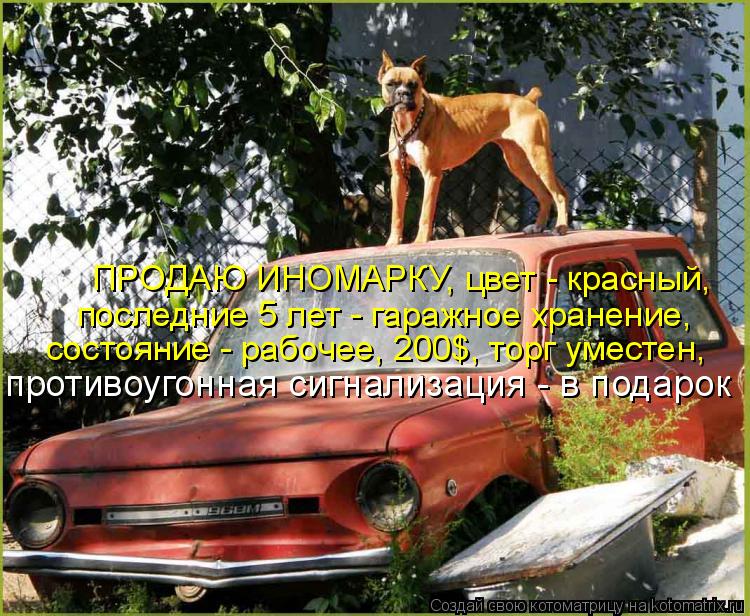 Котоматрица: последние 5 лет - гаражное хранение, состояние - рабочее, 200$, торг уместен, противоугонная сигнализация - в подарок ПРОДАЮ ИНОМАРКУ, цвет - кра