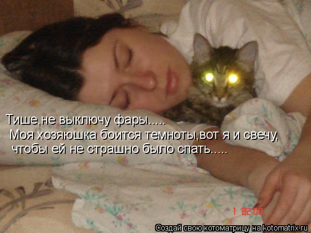 Котоматрица: Тише,не выключу фары..... Моя хозяюшка боится темноты,вот я и свечу, чтобы ей не страшно было спать.....