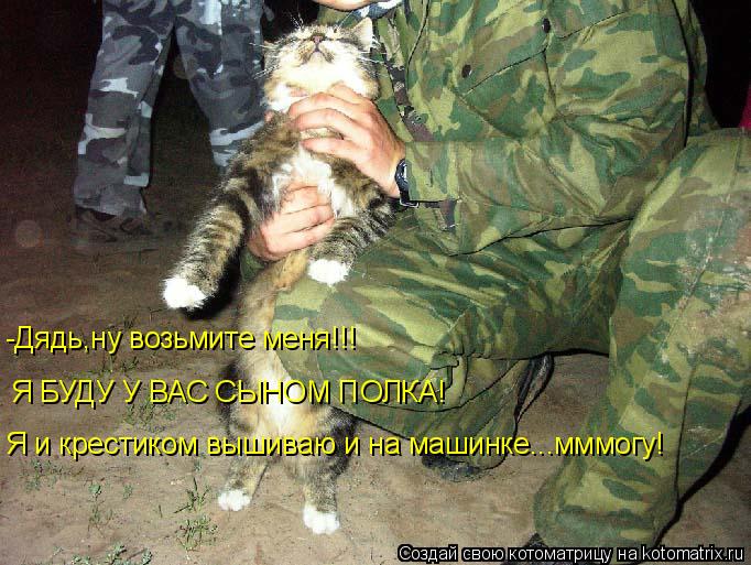 -Дядь,ну возьмите меня!!! Я БУДУ У ВАС СЫНОМ ПОЛКА! Я и крестиком вышиваю и на машинке...мммогу!... Котоматрица: -Дядь,ну возьмите меня!!! Я БУДУ У ВАС СЫНОМ ПОЛКА! Я и крестиком вышиваю и на машинке...мммогу!